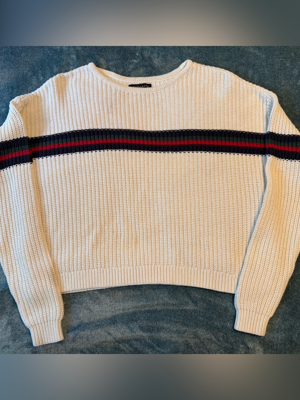 Kendall & Kylie Cream Sweater with Navy and Red Stripes